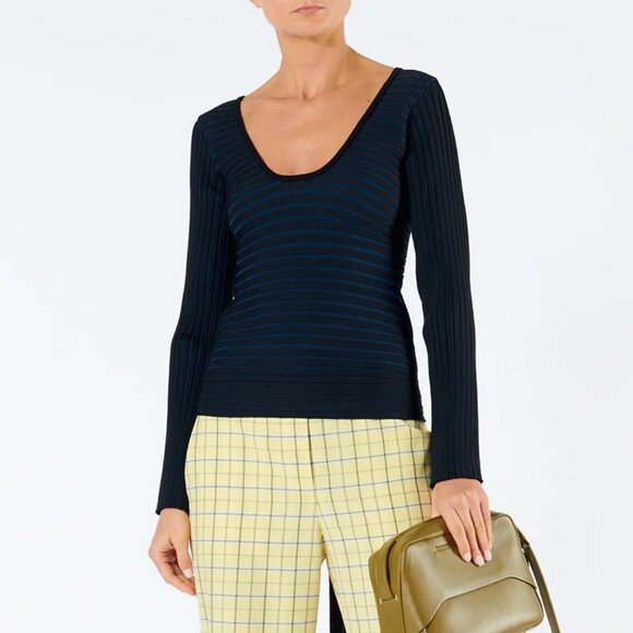 Tibi Tech Poly Ribbed Decollette Wrap Sweater in  Blue Black Large NWT - Picture 2 of 13